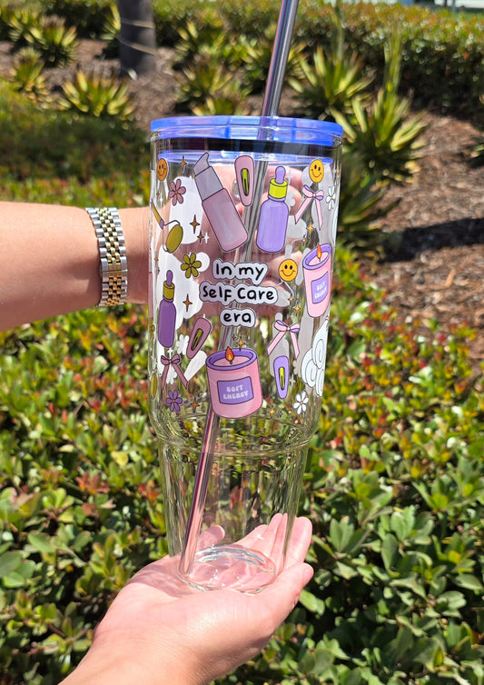 In my selfcare era tumbler with handle