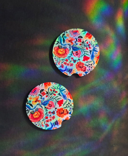 Floral Car Coaster - Light Blue